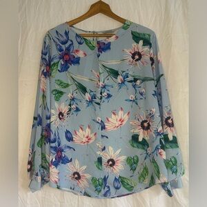 H&M Women’s Blue Floral Long Sleeve Blouse size 12 with Key Hole Front and Back